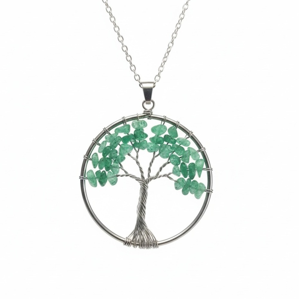Tree of Life Pendant Necklace Green Crystal Aventurine Silver Tone Women Jewelry